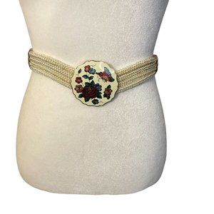 Vintage Yen China House Braided Rope Belt Metal Buckle Floral Butterflies L?